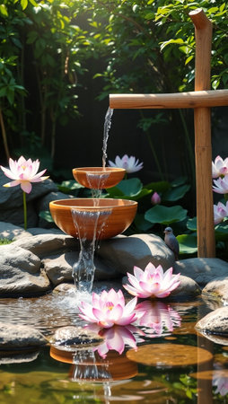 Beautiful pink lotus flower in the garden with wooden fountain.の写真素材
