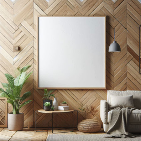 Mock up poster frame in living room interior, 3d render