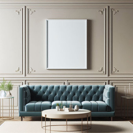 Mock up poster frame in classic interior background, 3d render illustration