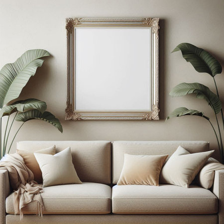 Interior of living room with beige sofa, blank picture frame and tropical plants. 3d render