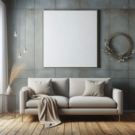 Mock up poster frame in modern interior background. 3D render