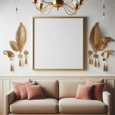 Interior of modern living room with beige sofa and golden decor. Mock up poster. 3d render