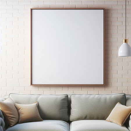 Mock up poster frame on brick wall background, 3d renderの写真素材