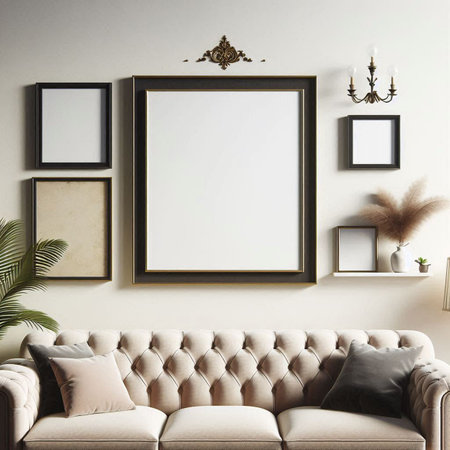 Mock up poster frame in interior background, 3d render illustrationの写真素材