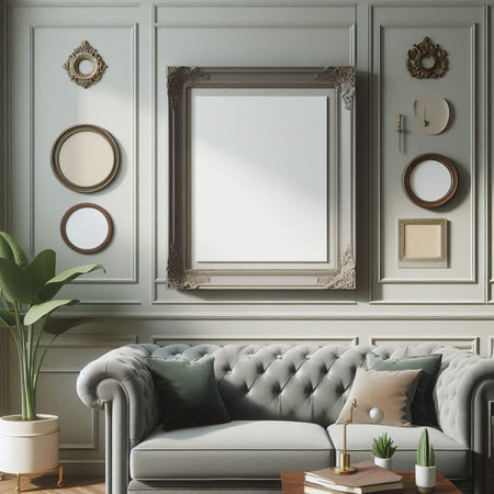 Living room interior with a gray sofa, coffee table, booksrative plants and mock up poster frame. 3d renderの写真素材