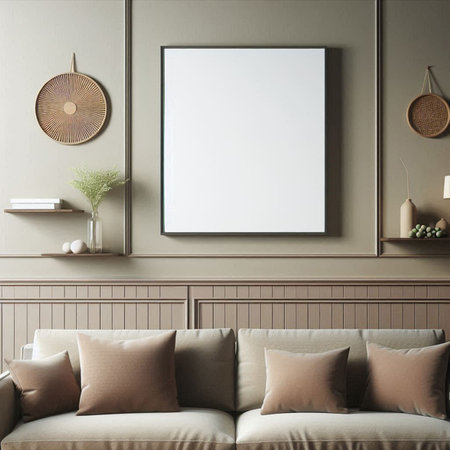 Mock up poster frame in modern living room interior, 3D renderの写真素材