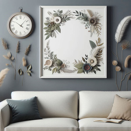 Interior of living room with beige sofa, plants, clock and mock up poster frame. 3d render