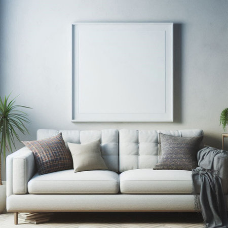 Modern living room interior with white sofa and empty poster. Mock up, 3D Renderingの写真素材