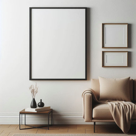 Mock up poster frame in interior background, Scandinavian style, 3D renderの写真素材