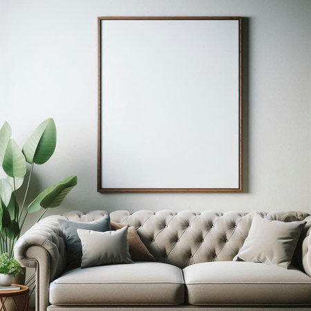 Interior of modern living room with gray sofa and mock up poster, 3d render