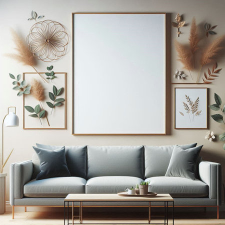 Mock up poster frame in interior background, Scandinavian style, 3D render