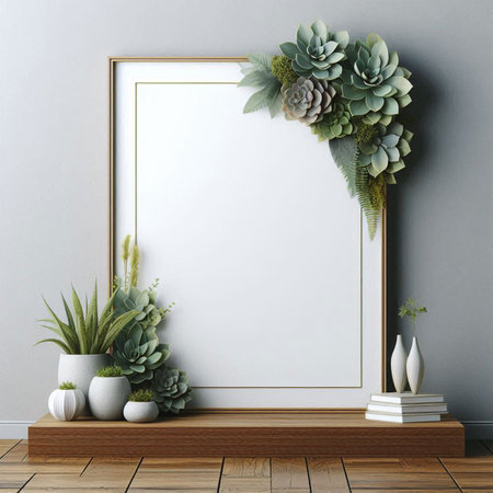 Blank picture frame mockup in interior background. 3d renderの写真素材