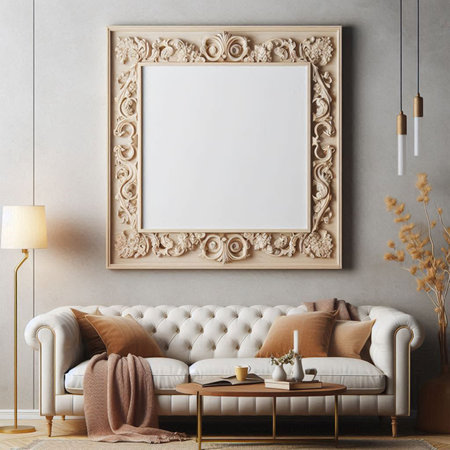 Mock up poster frame in interior background, Scandinavian style, 3D render