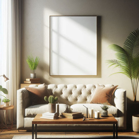Interior of living room with white walls, concrete floor, comfortable sofa, coffee table with books...