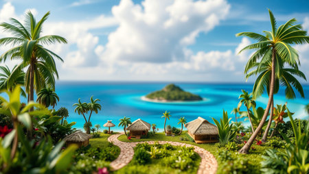 Miniature tropical island with palm trees and bungalows. Travel conceptの写真素材