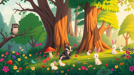 Forest landscape with wild animals in cartoon style. Illustration for children.の写真素材