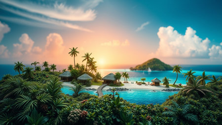 Tropical island with palm trees, bungalows and turquoise ocean at sunset