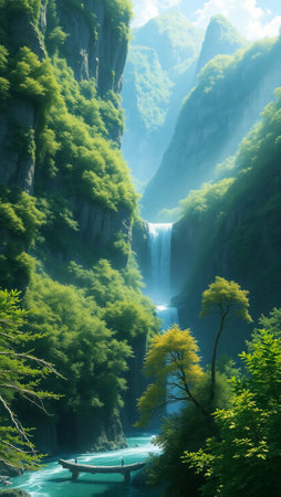 Mountain landscape with waterfalls, natural scenery background.の写真素材