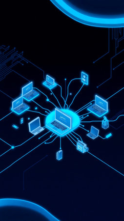 3d rendering of computer network concept in blue neon light over black background