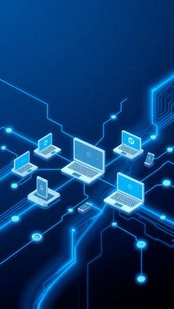 Highly rendering of laptop in digital technology concept on dark blue background