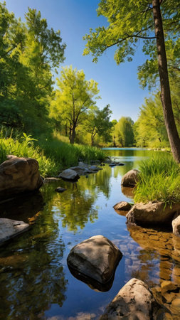 Beautiful spring landscape with river and green trees in the park.