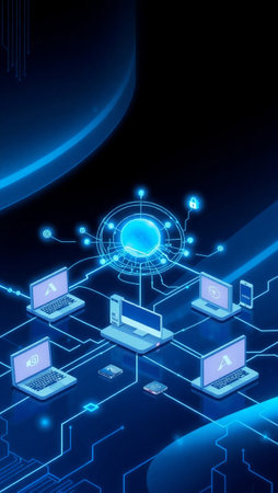 3D rendering of a computer network in blue and black background.の写真素材