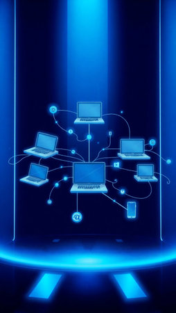 Network of computers connected to each other on a blue background. 3d rendering
