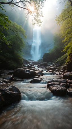 Waterfall in the forest with fog and sunbeams, long exposureの写真素材