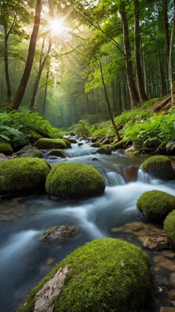 Forest stream in the morning with sunbeams. Nature composition.の写真素材