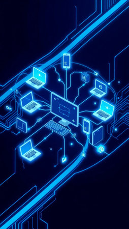 3d rendering of a computer network on a dark background with blue lights