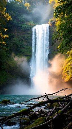 Beautiful waterfall in the autumn forest. Summer landscape with waterfall.