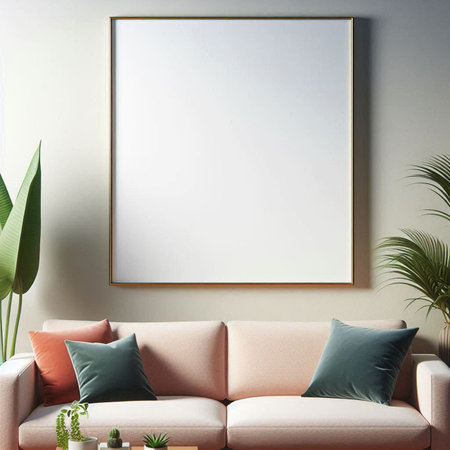 Interior of modern living room with white walls, concrete floor, comfortable pink sofa and green...