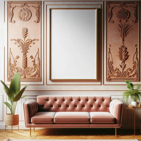 Classic interior with sofa, wallpaper and plant. Mock up, 3D Rendering