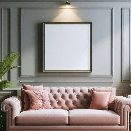 Living room interior with a pink sofa and a poster. 3d rendering mock up