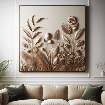 Living room interior with beige sofa and plants. 3d render