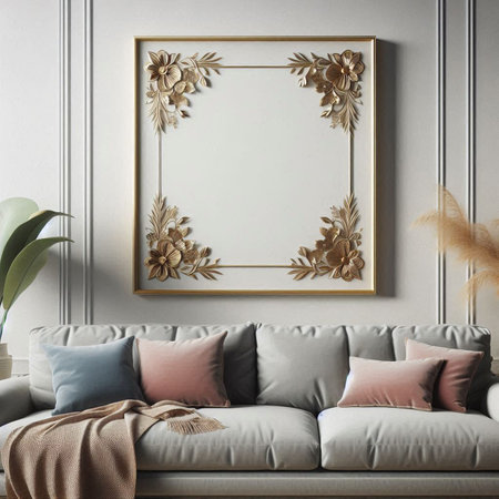 Interior of modern living room with sofa, mock up poster frame, 3d render