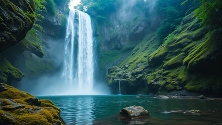 Beautiful waterfall in the deep forest of Bali island, Indonesiaの写真素材