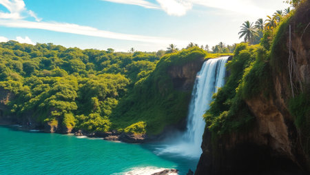 Tropical waterfall with turquoise water and palm trees on a sunny day