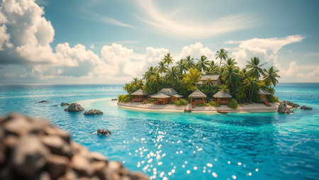 tropical island in Maldives with few palm trees and blue lagoon
