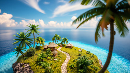 Tropical island with palm trees and bungalows. 3d renderの写真素材