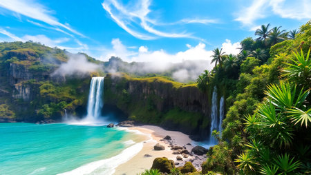 Tropical waterfall in Hawaii, Kauai island, USA.の写真素材
