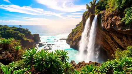 Tropical waterfall on the coast of Bali island, Indonesiaの写真素材
