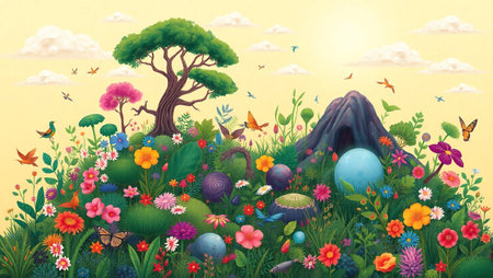 cartoon scene with spring meadow and flowers - illustration for childrenの写真素材