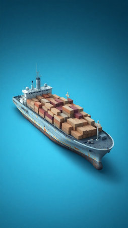 Cargo ship on blue background. 3d illustration. Copy space.
