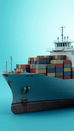 Cargo ship with containers on a blue background. 3d renderingの写真素材