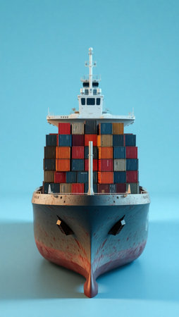 Cargo ship with container on blue background. Top view. Minimalism.