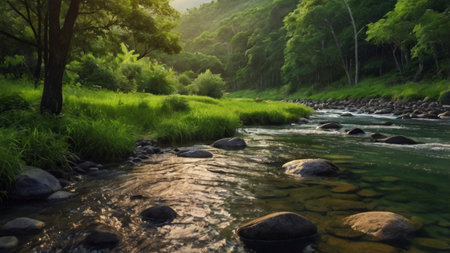 Beautiful landscape of mountain river and green forest in the morning.の写真素材