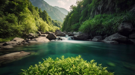 Beautiful mountain river with clear turquoise water and green forestの写真素材