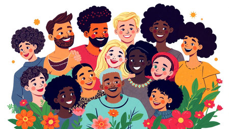 Group of diverse people with flowers. Vector illustration in cartoon style.の写真素材