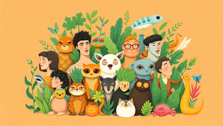 Cute cartoon family with animals in the forest. Vector illustration.の写真素材